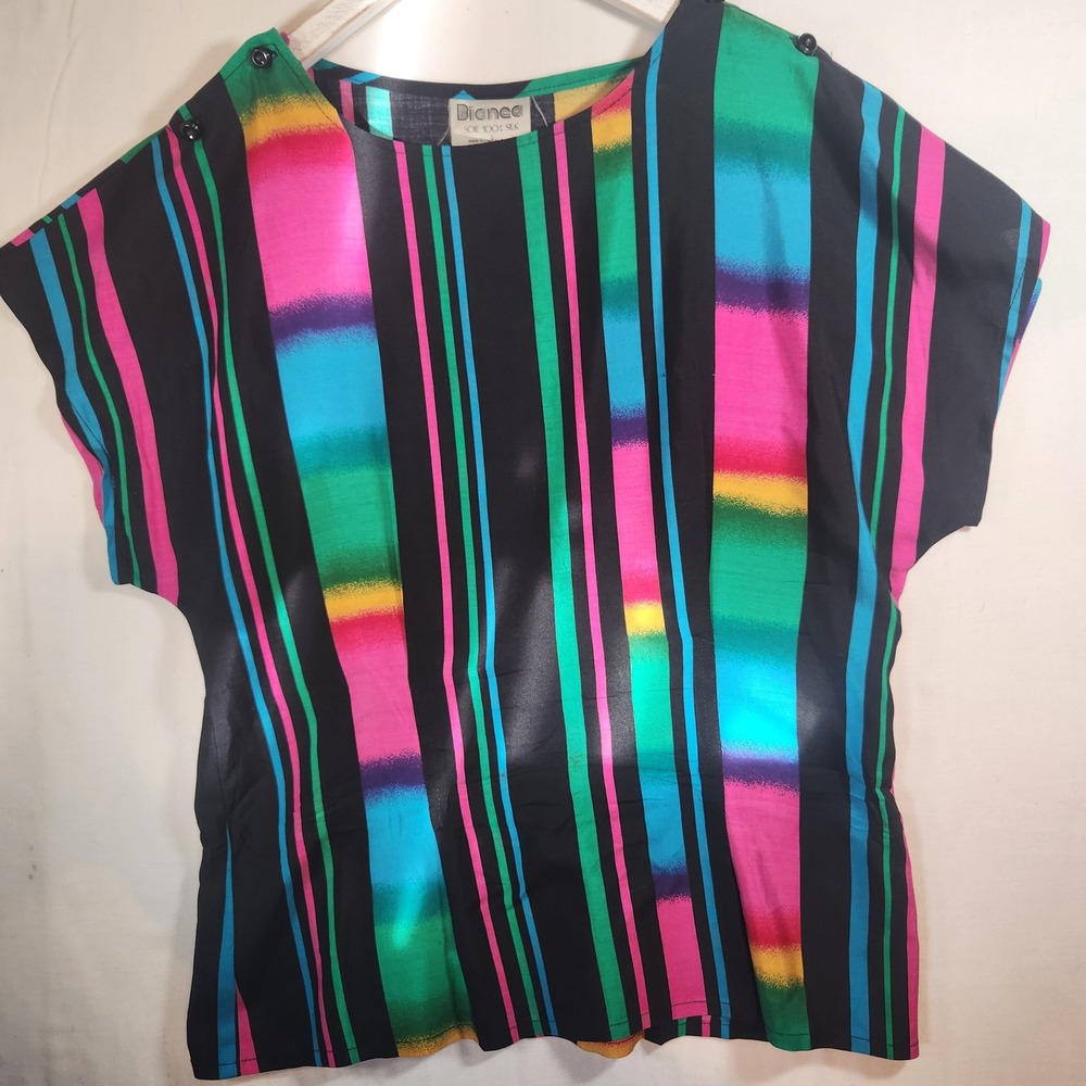 Bianca Vintage 100% Silk Striped Blouseโ Multi Color Short Sleeve Made in Canada